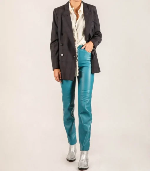 Pantalon En Cuir Bleu Turquoise